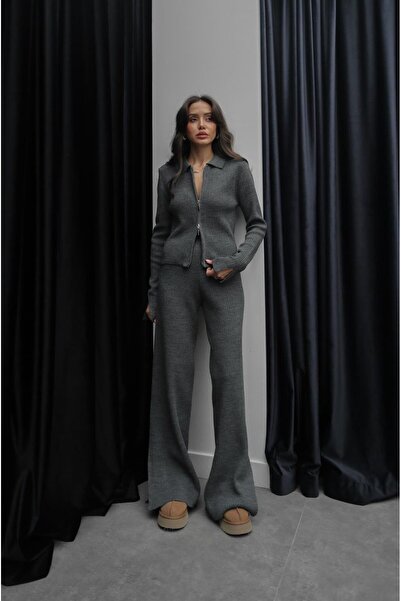 Havoş Anthracite Slit Detailed Zippered Knitwear Set