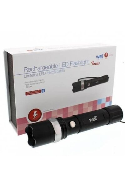 Well Focus rechargeable LED flashlight with zoom, 3W, 220 lm, 1200mAh
