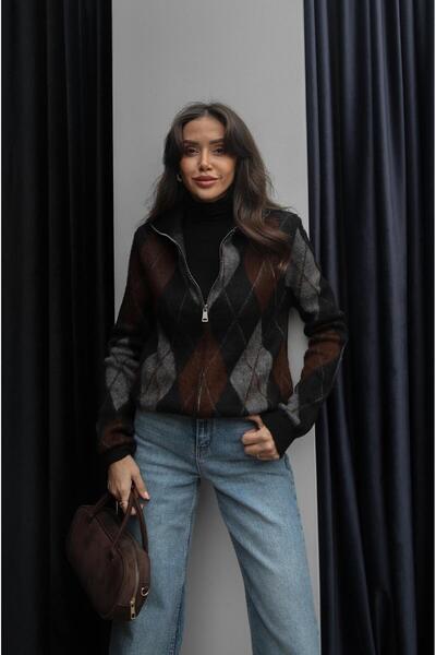 Havoş Black Fleece-Lined Double Zipper Baklava Cardigan