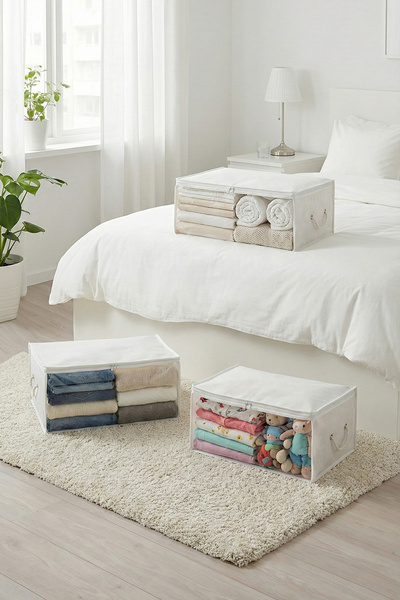 REKHOME 3 Pieces Medium Size White Windowed Under-Bed Storage Box for Sweaters, Blankets, Clothes / 52X28X21