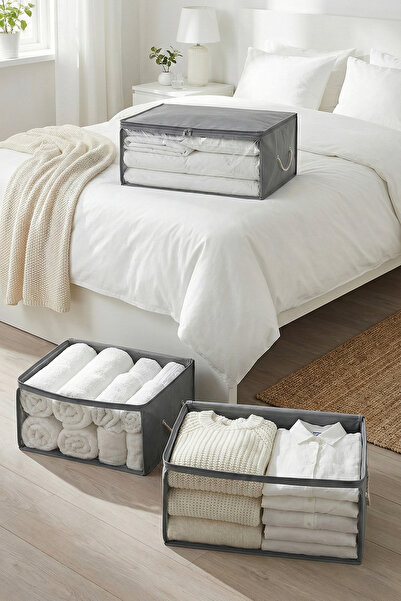 REKHOME 3 Adet Orta Boy Gri Pencereli Baza Altı Kazak Pike Battaniye Giysi Kıyafet Hurcu / 52x28x21