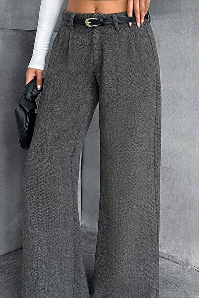 Ronasia Kadın Gri Dokulu Geniş Paça Palazzo Pantolon – Yüksek Bel, Kışlık Şık...