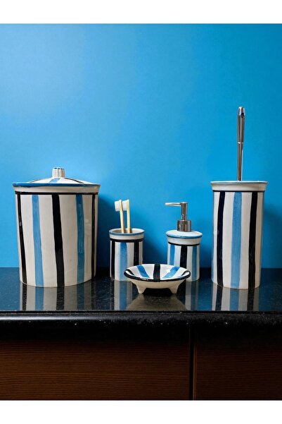 ozbience Modern Mavi ve Siyah Seramik Banyo Seti, 5 Parça, Retro Tasarım