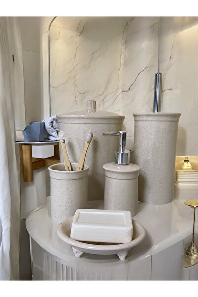 ozbience Bej Seramik 5'li Banyo Seti, Şık ve Dayanıklı Tasarım