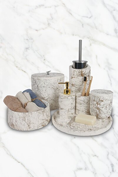 ozbience 12 Parça Mermer Desenli Banyo Seti, Sabunluk, Diş Fırçalık, Çöp Kovası
