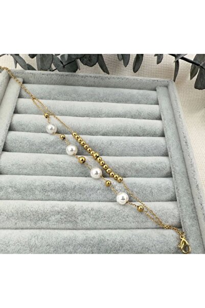 AKSESUARIM Women's Double Chain Pearl and Ball Detailed Steel Bracelet