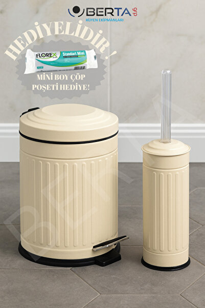 ozbience Vintage Banyo Seti, 5L Krem Çöp Kovası ve Tuvalet Fırçası, Hediye