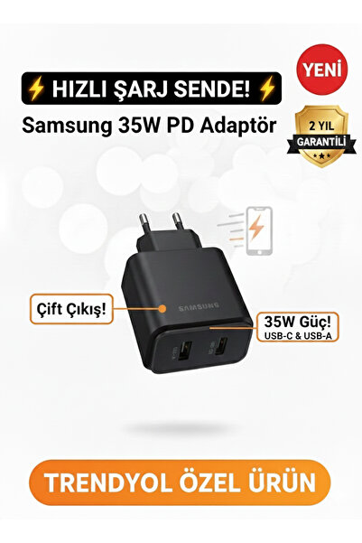 RİOTECH MOBILE Samsung 35W uyumlu PD Hızlı Şarj Adaptörü USB-C USB-A - Android Güçlü Şarj Cihazı aleti Çift Çıkışlı
