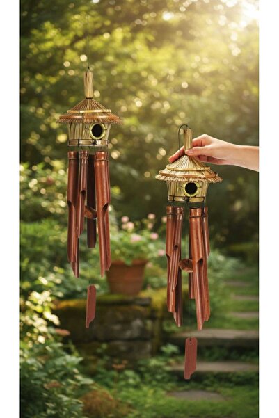 Sarego Doğal Bambu Rüzgar Çanı Kuş Evi Tasarımlı El Yapımı Dekoratif Bahçe Ba...