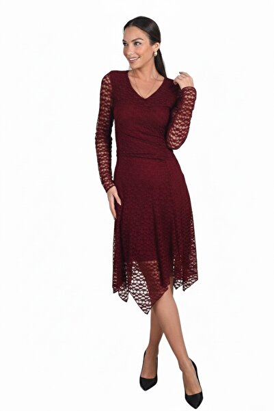 By Saygı Women's V-Neck Lined Front Gathered Skirt Asymmetrical Midi Lace Dress