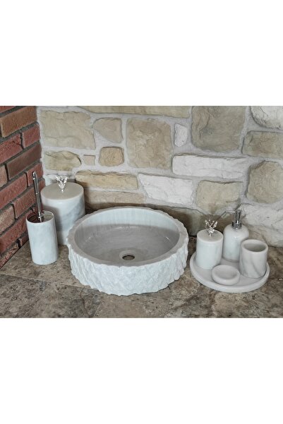 ozbience Beyaz Mermer ve Gümüş Renkli 8'li Lavabolu Banyo Seti