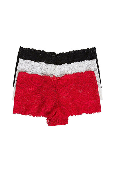 İntive Lingerie Women's Black White Red 3 Pack Lace Thong Shorts Panties