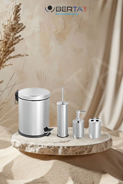 ozbience Şık Paslanmaz 4'lü Banyo Seti, Çöp Kovası, Tuvalet Fırçası ve Sabunluk