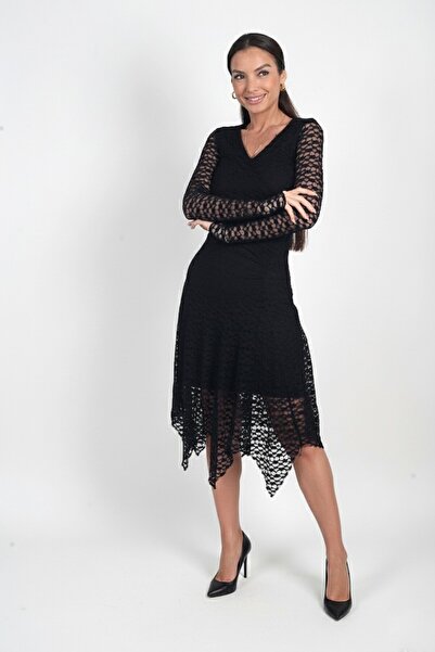 By Saygı Women's V-Neck Lined Front Gathered Skirt Asymmetrical Midi Lace Dress