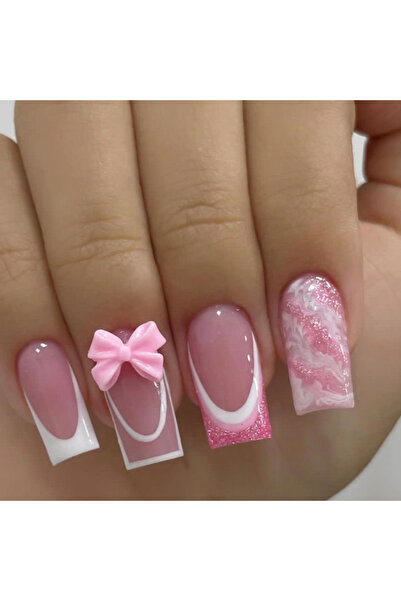 Choice أظافر صناعية طويلة على شكل نعش باللون الأصفر، 24 قطعة، فراشة وردية ثلا...