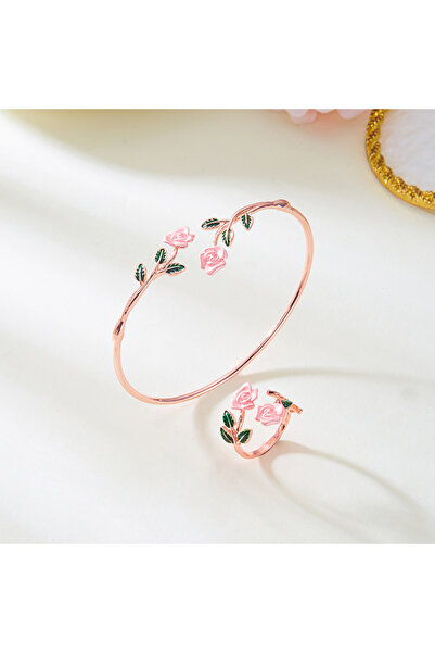 Choice BR25Y0080-3 طقم أساور وخواتم على شكل زهرة وردة حمراء عتيقة من زيت التن...