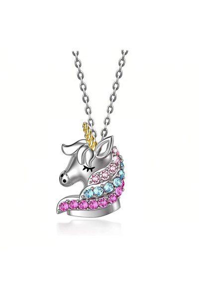 Choice 1 قلادة يونيكورن ملونة من حجر الراين على شكل حصان كرتوني للفتيات والأو...