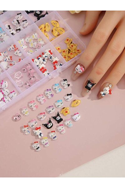 Miniso 240 قطعة/صندوق أظافر مختلطة كاواي هالو كيتي راتنج زخارف لطيفة متعددة التصاميم فن الأظافر ثلاثي الأبعاد DIY