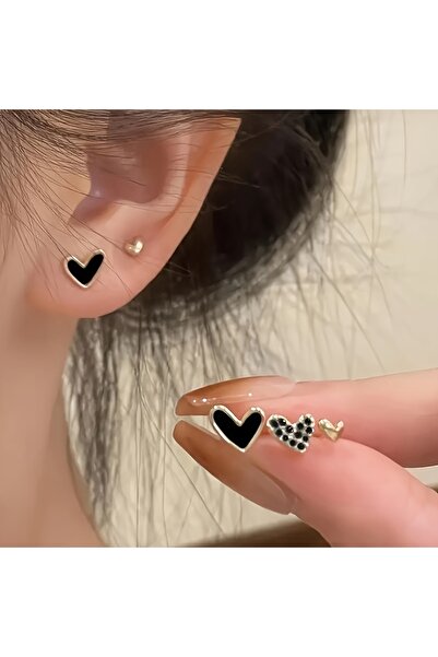 Choice أقراط مرصعة بأحجار الراين السوداء على شكل قلب أنيقة ومدمجة، أقراط زيت ...