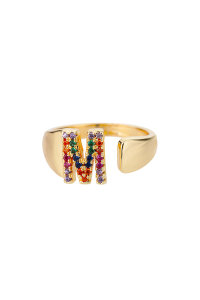 Choice Gold Color M Rainbow Zircon Letter Rings For Women Fashion Chunky Wide...