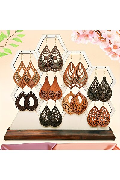 Choice مجموعة من 9 أزواج من الأقراط الخشبية المنحوتة على شكل قطرة، بتصميم بسي...