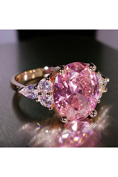 Choice خاتم من الذهب الوردي مرصع بحجر الزركون الوردي الكبير بيضاوي الشكل، خات...