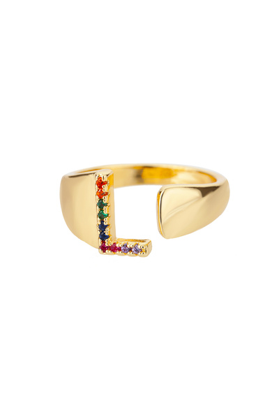 Choice Gold Color L Rainbow Zircon Letter Rings For Women Fashion Chunky Wide...
