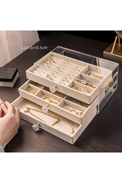 Choice صندوق تخزين أقراط مرصعة من المخمل البيج، منظم مجوهرات بثلاث طبقات، تصم...