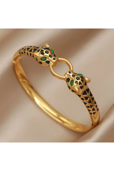 Choice أساور من الفولاذ المقاوم للصدأ باللون الأسود بتصميم جلد النمر للنساء م...