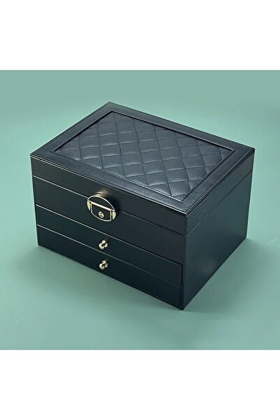 Choice صندوق مجوهرات متعدد الطبقات عالي الجودة أسود اللون على شكل درج، سعة كب...