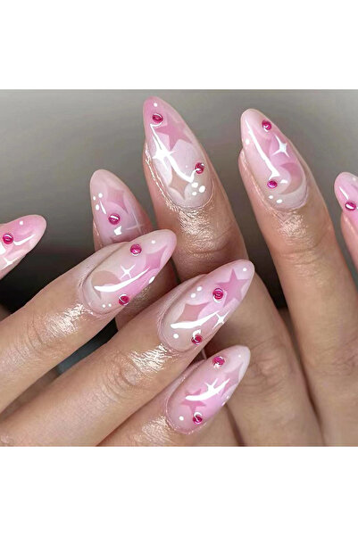 Choice أظافر صناعية باللون الرمادي الداكن 24 قطعة - لوز أبيض، زخارف بنمط حب أ...