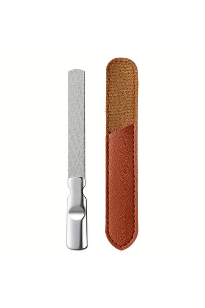 Choice مبرد أظافر بني طويل من الفولاذ المقاوم للصدأ مع حقيبة جلدية، مبرد أظافر معدني مزدوج الجوانب مع مضاد للانزلاق