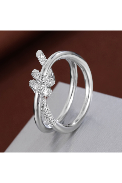 Choice خاتم نسائي كلاسيكي على شكل عقدة فضية بيضاء اللون، خاتم نحاسي مرصع بالز...