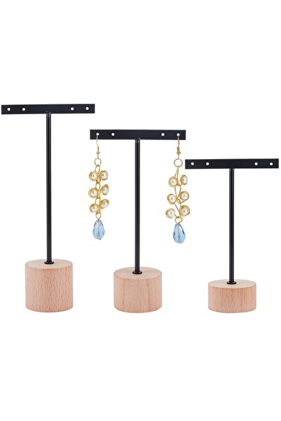 Choice Black 3pcs Metal T Bar Earring Display Stand Jewelry Stand with Wooden...
