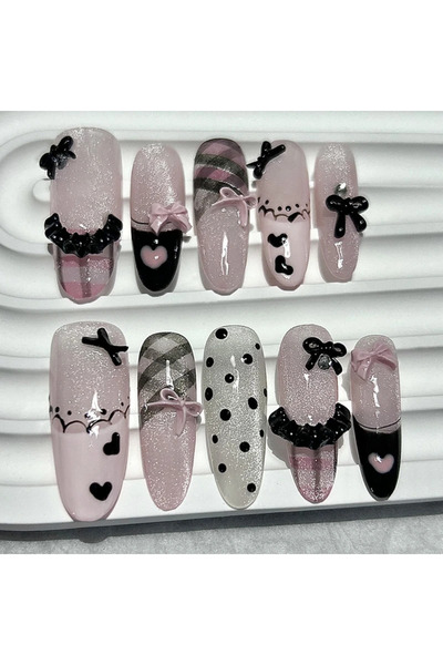 Choice 530-S أظافر صناعية مصنوعة يدويًا باللون الأسود والوردي واللوزي الفرنسي...