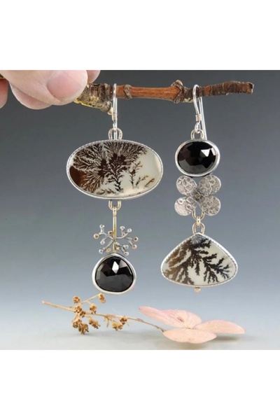 Choice أقراط E1758-1 عتيقة غير متماثلة على شكل زهرة قطرة ماء مرصعة بأحجار سود...