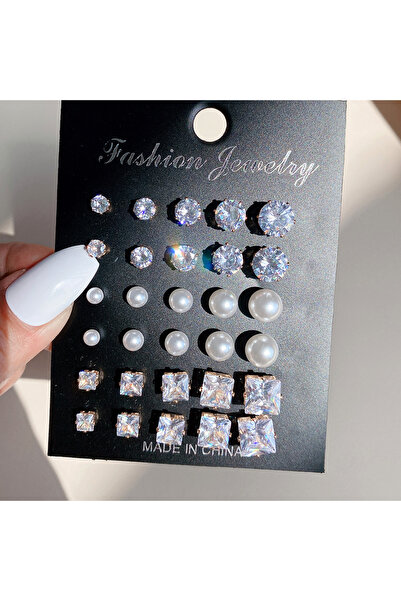 Choice AY55777 طقم أقراط من 12 قطعة من الزركون، أقراط مرصعة لامعة للنساء، لؤل...