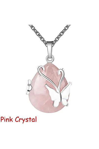 Choice قلادة على شكل فراشة من الكريستال الوردي مع سلك عتيق وأحجار كريمة من الكوارتز الوردي والجمشت والأوبالايت وكريستال الشفاء