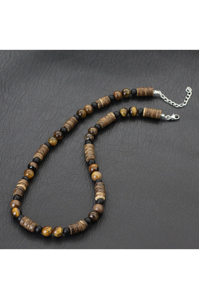 Choice قلادة خشبية من قشر جوز الهند الطبيعي للرجال من tigereyesstone، طوق قصي...