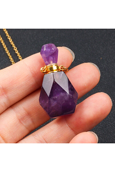 Choice قلادة زجاجة عطر من الكوارتز الطبيعي لعلاج الريكي مصنوعة من حجر الجمشت، قلادة زجاجة زيت عطري متعددة الأوجه