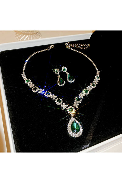 Choice green Shiny Crystal Necklace Earrings Women's Fashion Big Water Drople...