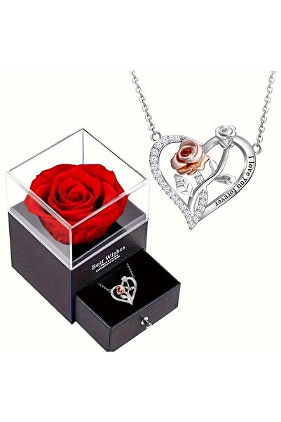 Choice قلادة أحبك للأبد فضية اللون بطول 45 سم مع صندوق هدايا من زهرة الورد لص...
