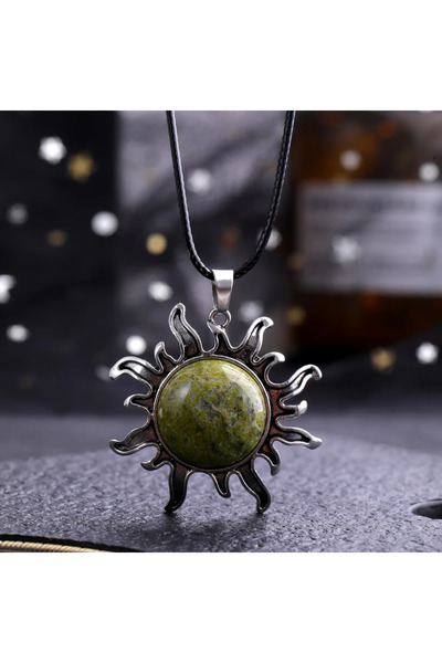 Choice قلادة شمس من سبيكة الفضة مطلية بحجر عين النمر الأخضر الطبيعي