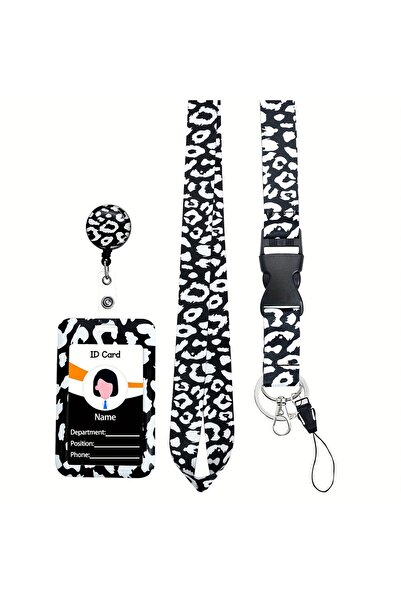 Choice حامل بطاقة هوية للمعلمين بنقشة الفهد باللونين الأسود والأبيض، بكرة شار...