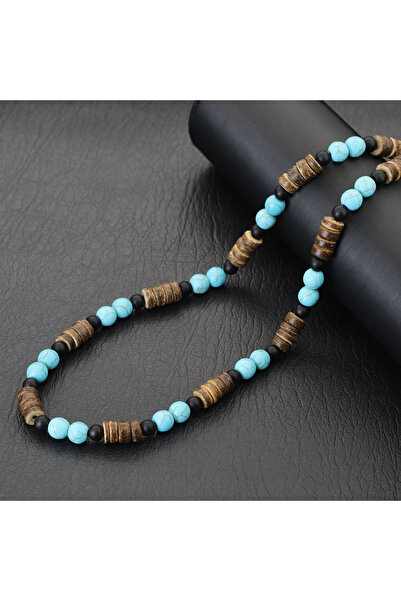 Choice قلادة خشبية من قشر جوز الهند الطبيعي للرجال من بلو هاولايت ستون، طوق ق...