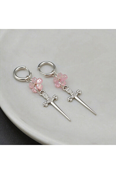 Choice أقراط فضية بانك سوداء على شكل شفرة ساكورا، قلادة على شكل سيف زهر الكرز القوطي، أقراط دائرية صغيرة يابانية