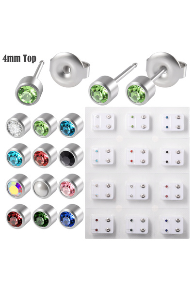 Choice أقراط أذن فضية مرصعة بأحجار كريمة، 4 مم، 12 زوجًا، مصنوعة من الفولاذ ا...