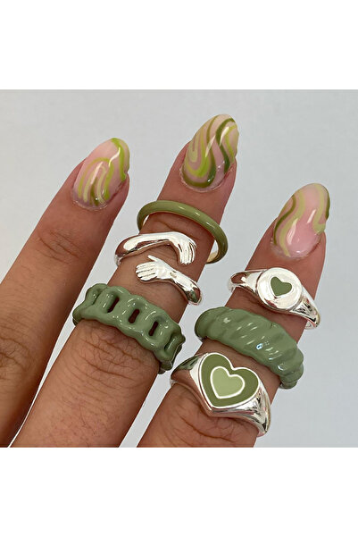 Choice KW294-12195 مجموعة خواتم عتيقة من 6 قطع باللون الأخضر للنساء، طلاء معد...