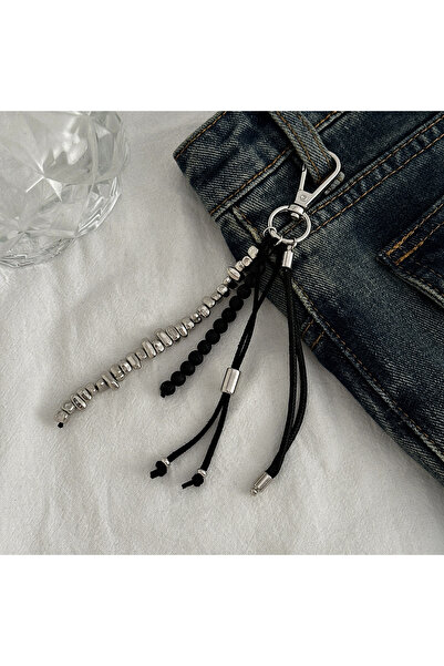 Choice 01 سلسلة مفاتيح من الحجر البركاني الأسود مع شرابات غير منتظمة وحبل بنط...