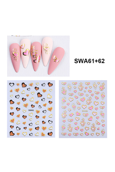 Choice SWA61-62 2 قطعة/مجموعة ملصقات أظافر ذهبية على شكل قلب الحب ثلاثية الأب...